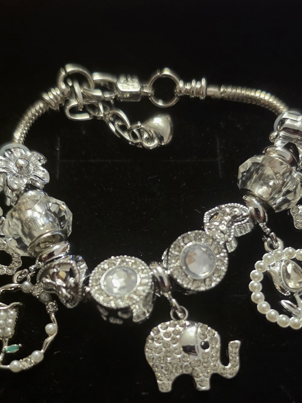 Silver Elephant Charm Bracelet with Clear Crystal Accents